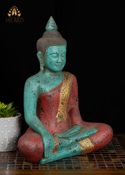 15" Cambodian Buddha in Bhumisparsha Mudra Wood Statue | Vibrant Turquoise & Red Finish