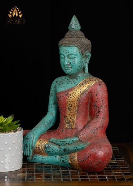 15" Cambodian Buddha in Bhumisparsha Mudra Wood Statue | Vibrant Turquoise & Red Finish