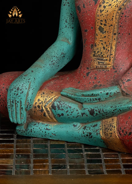 15" Cambodian Buddha in Bhumisparsha Mudra Wood Statue | Vibrant Turquoise & Red Finish