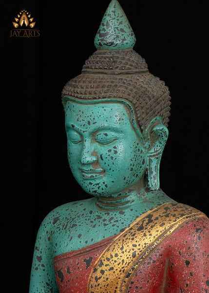 15" Cambodian Buddha in Bhumisparsha Mudra Wood Statue | Vibrant Turquoise & Red Finish
