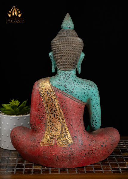 15" Cambodian Buddha in Bhumisparsha Mudra Wood Statue | Vibrant Turquoise & Red Finish