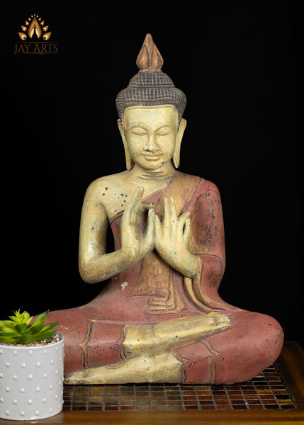 20" Cambodian Wooden Buddha in Dharmachakra Mudra | Antique Red Finish Spiritual Art