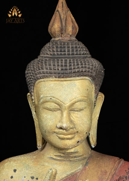 20" Cambodian Wooden Buddha in Dharmachakra Mudra | Antique Red Finish Spiritual Art