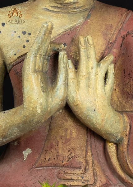 20" Cambodian Wooden Buddha in Dharmachakra Mudra | Antique Red Finish Spiritual Art