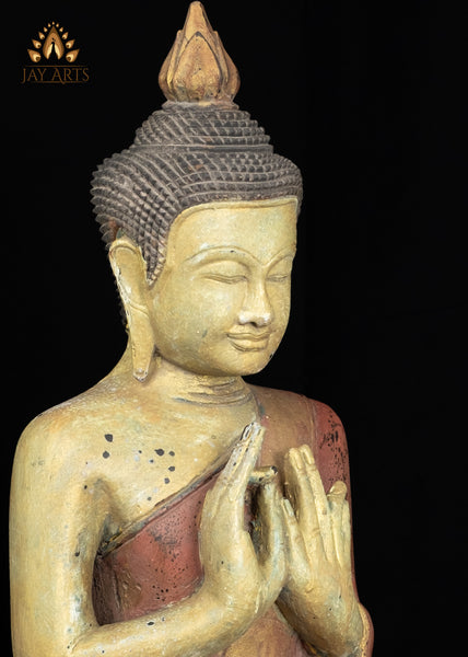 20" Cambodian Wooden Buddha in Dharmachakra Mudra | Antique Red Finish Spiritual Art