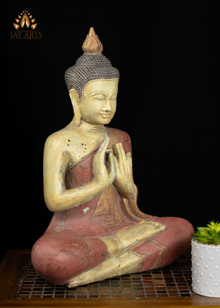 20" Cambodian Wooden Buddha in Dharmachakra Mudra | Antique Red Finish Spiritual Art