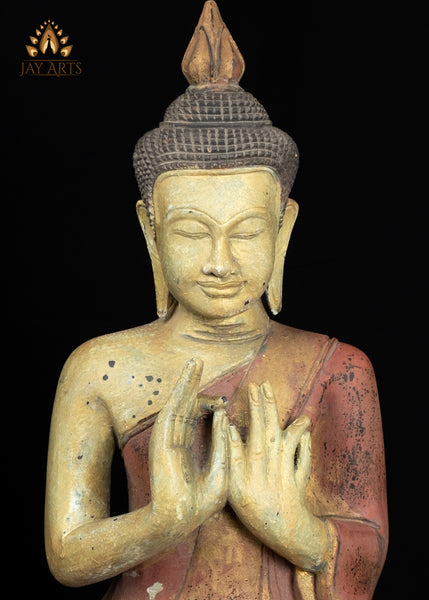 20" Cambodian Wooden Buddha in Dharmachakra Mudra | Antique Red Finish Spiritual Art