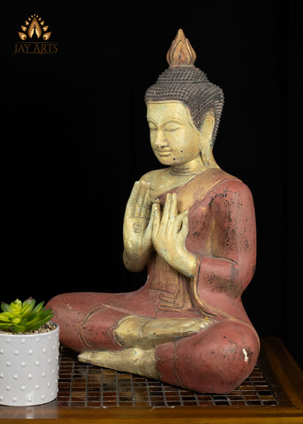 20" Cambodian Wooden Buddha in Dharmachakra Mudra | Antique Red Finish Spiritual Art