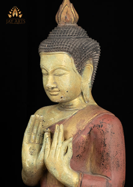20" Cambodian Wooden Buddha in Dharmachakra Mudra | Antique Red Finish Spiritual Art