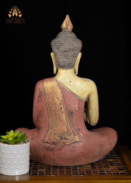 20" Cambodian Wooden Buddha in Dharmachakra Mudra | Antique Red Finish Spiritual Art