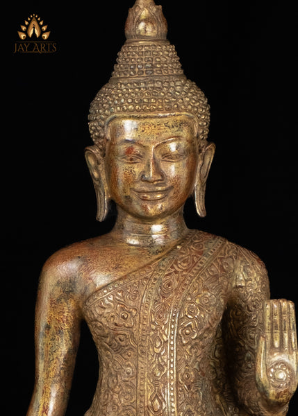 24" Khmer Style Standing Bronze Buddha in Abhaya Mudra Brown Patina