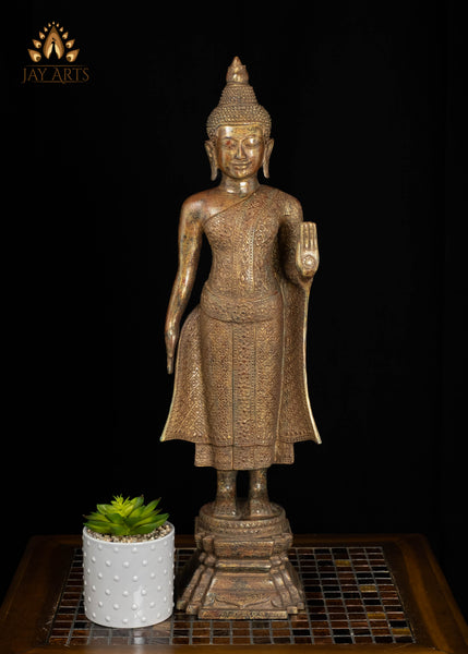 24" Khmer Style Standing Bronze Buddha in Abhaya Mudra Brown Patina