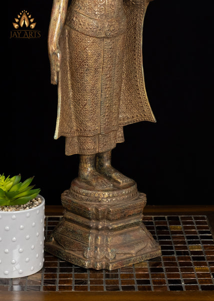 24" Khmer Style Standing Bronze Buddha in Abhaya Mudra Brown Patina