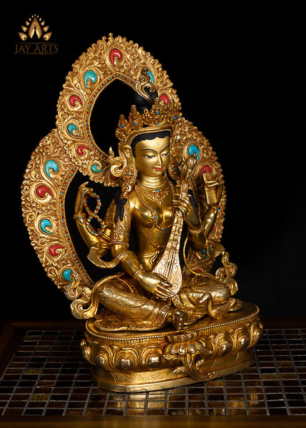 16" Nepalese Style Goddess Saraswati Copper Statue