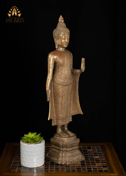 24" Khmer Style Standing Bronze Buddha in Abhaya Mudra Brown Patina