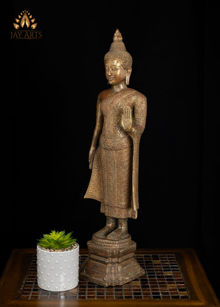 24" Khmer Style Standing Bronze Buddha in Abhaya Mudra Brown Patina