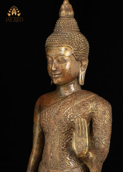 24" Khmer Style Standing Bronze Buddha in Abhaya Mudra Brown Patina