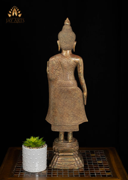 24" Khmer Style Standing Bronze Buddha in Abhaya Mudra Brown Patina