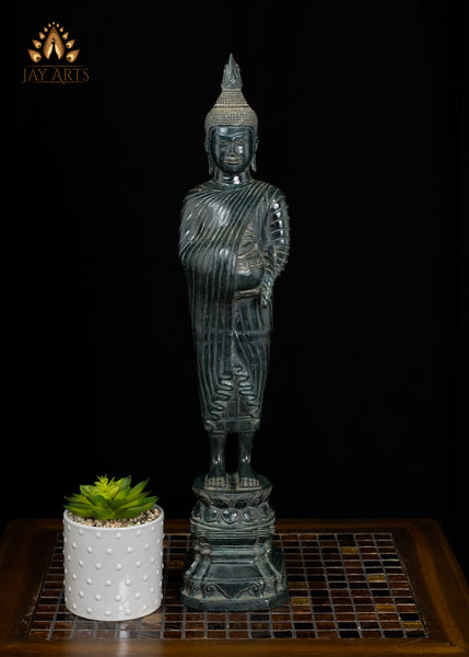 23" Cambodian Standing Bronze Buddha with Serene Face Holding Alms Pot