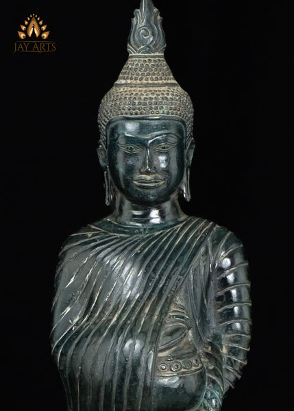 23" Cambodian Standing Bronze Buddha with Serene Face Holding Alms Pot