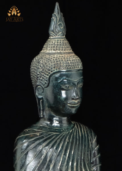 23" Cambodian Standing Bronze Buddha with Serene Face Holding Alms Pot