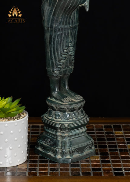 23" Cambodian Standing Bronze Buddha with Serene Face Holding Alms Pot