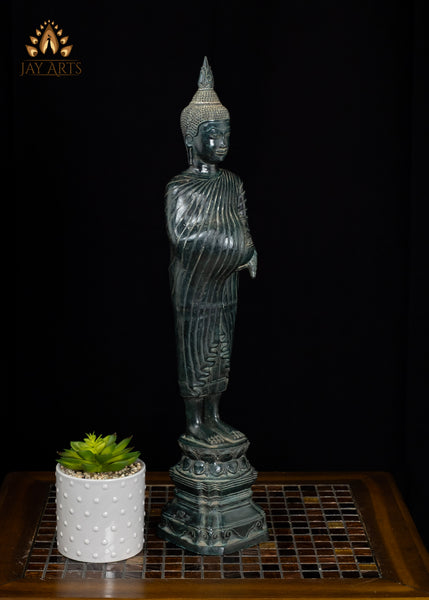 23" Cambodian Standing Bronze Buddha with Serene Face Holding Alms Pot