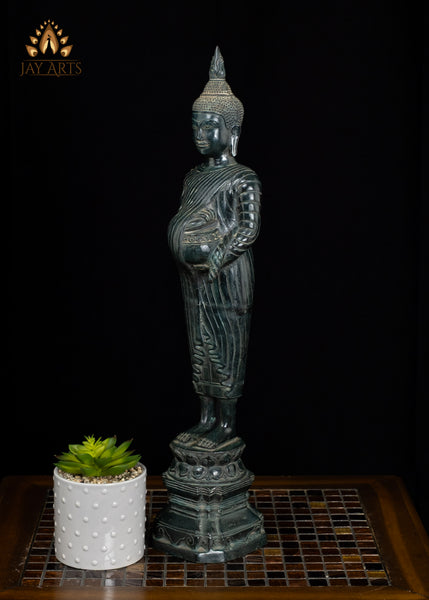23" Cambodian Standing Bronze Buddha with Serene Face Holding Alms Pot