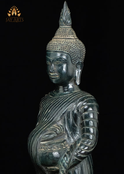 23" Cambodian Standing Bronze Buddha with Serene Face Holding Alms Pot