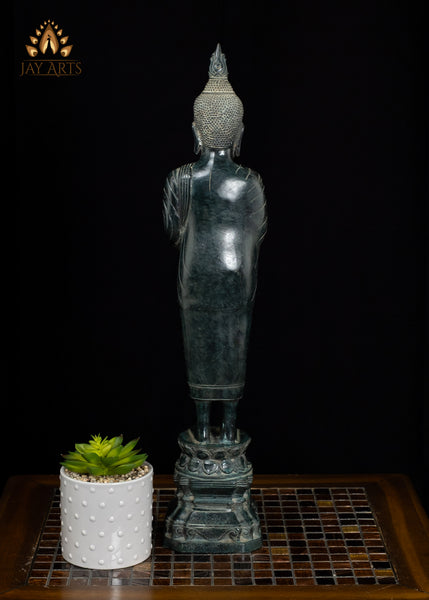 23" Cambodian Standing Bronze Buddha with Serene Face Holding Alms Pot