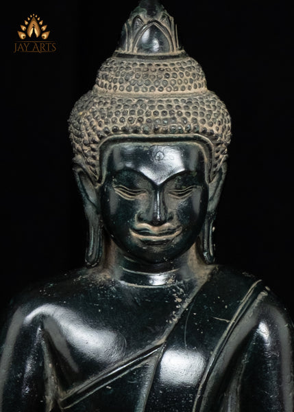 12" Cambodian Bronze Buddha in Bhumisparsha Mudra | Serene Face & Antique Patina