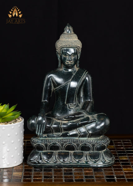 12" Cambodian Bronze Buddha in Bhumisparsha Mudra | Serene Face & Antique Patina