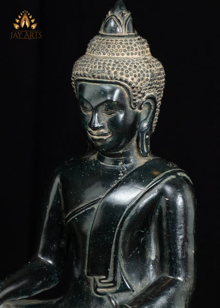 12" Cambodian Bronze Buddha in Bhumisparsha Mudra | Serene Face & Antique Patina