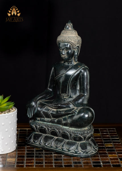 12" Cambodian Bronze Buddha in Bhumisparsha Mudra | Serene Face & Antique Patina