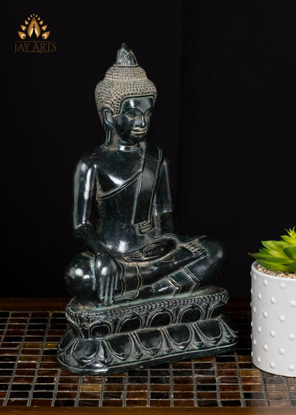 12" Cambodian Bronze Buddha in Bhumisparsha Mudra | Serene Face & Antique Patina