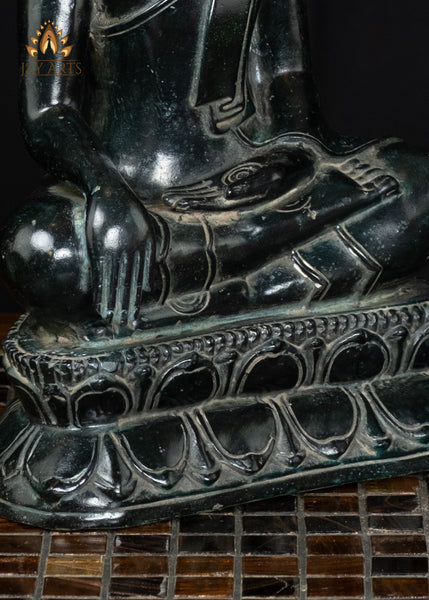12" Cambodian Bronze Buddha in Bhumisparsha Mudra | Serene Face & Antique Patina