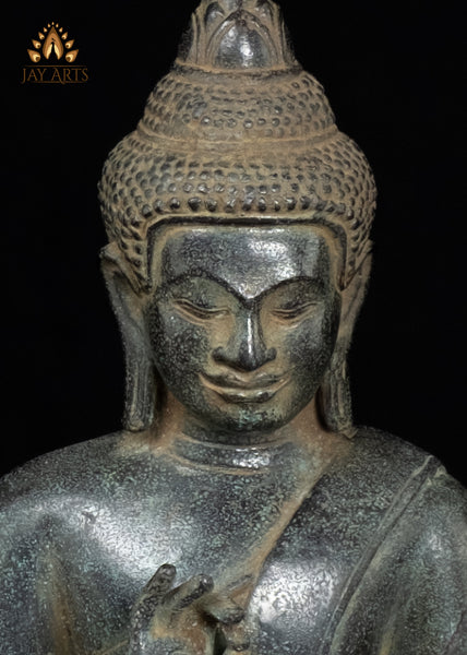 12" Cambodian Bronze Buddha in Vitarka Mudra | Lotus Pedestal & Serene Face