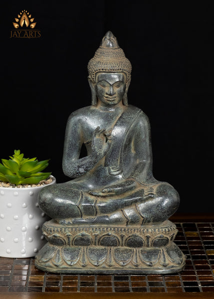 12" Cambodian Bronze Buddha in Vitarka Mudra | Lotus Pedestal & Serene Face