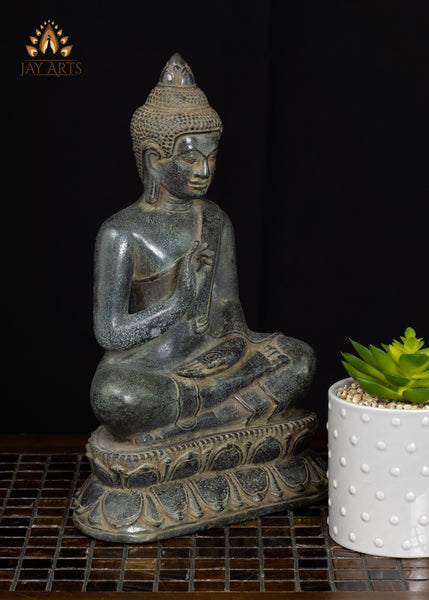 12" Cambodian Bronze Buddha in Vitarka Mudra | Lotus Pedestal & Serene Face