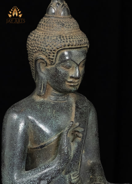 12" Cambodian Bronze Buddha in Vitarka Mudra | Lotus Pedestal & Serene Face