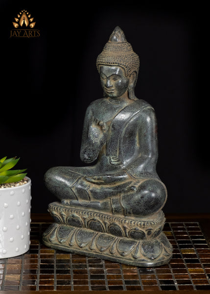 12" Cambodian Bronze Buddha in Vitarka Mudra | Lotus Pedestal & Serene Face
