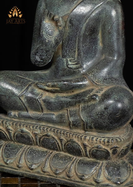 12" Cambodian Bronze Buddha in Vitarka Mudra | Lotus Pedestal & Serene Face