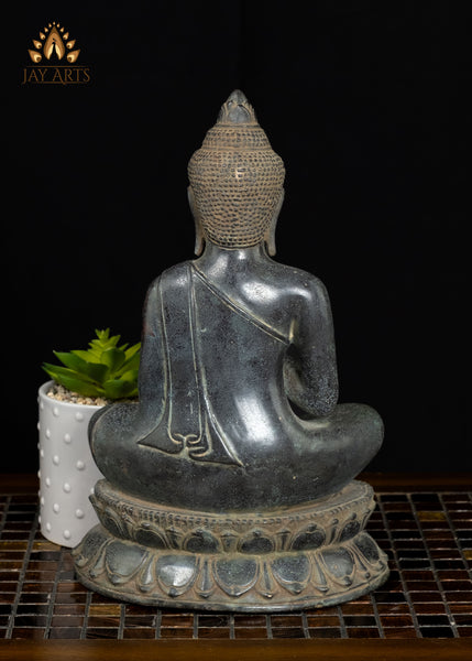 12" Cambodian Bronze Buddha in Vitarka Mudra | Lotus Pedestal & Serene Face