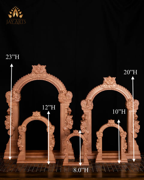 8" Small Wood Arch with Kirtimukha & Yali Lions | Mini Wall Decor