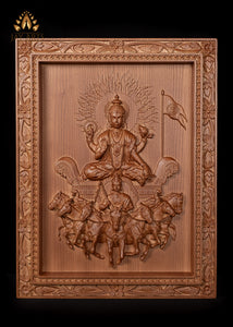 The Sun God (Surya) with his Seven Horses 20"H x 15"W Wood Wall Panel - Lord Surya Wood Carving