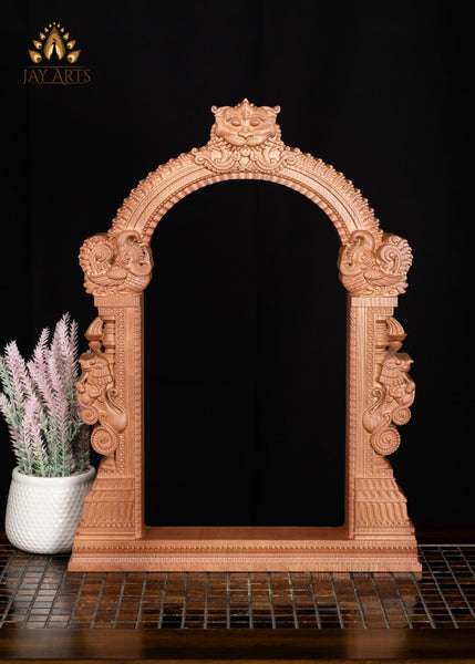 23" Traditional Wood Arch with Kirtimukha Face & Yali Lions Pillars | Temple-Style Decorative Frame