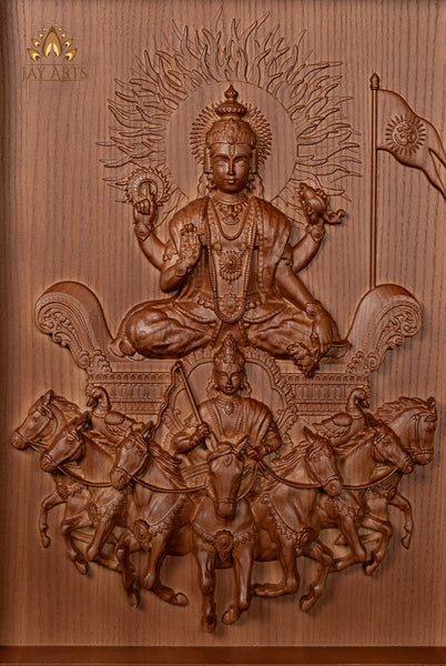 The Sun God (Surya) with his Seven Horses 20"H x 15"W Wood Wall Panel - Lord Surya Wood Carving