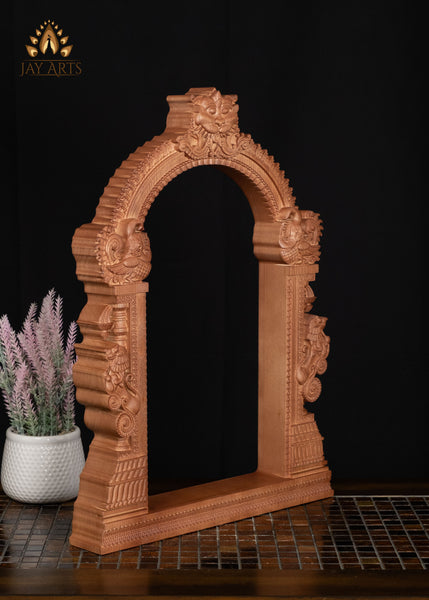 23" Traditional Wood Arch with Kirtimukha Face & Yali Lions Pillars | Temple-Style Decorative Frame