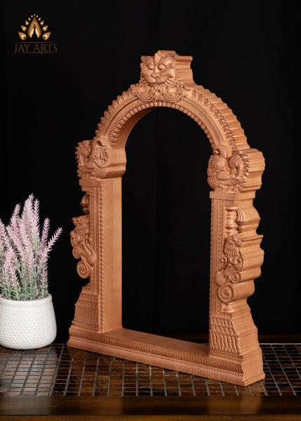 23" Traditional Wood Arch with Kirtimukha Face & Yali Lions Pillars | Temple-Style Decorative Frame