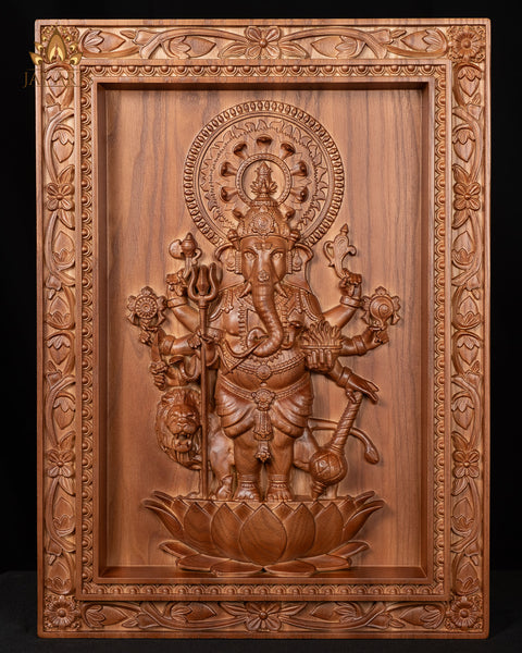 Shuba Drishti Ganapathi (Kan Drishti Pillayar) Wood Carving 20"H x 14"W - Square Wall Panel